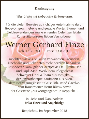 Traueranzeige von Werner Gerhard Finze von WVG - Wochenspiegel Dessau / Köthen