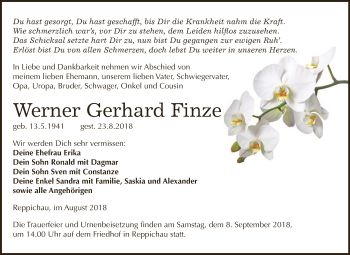 Traueranzeige von Werner Gerhard Finze von WVG - Wochenspiegel Dessau / Köthen