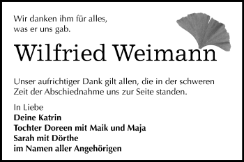 Traueranzeige von Wilfried Weimann von Mitteldeutsche Zeitung Halle/Saalkreis