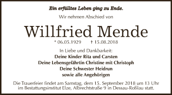 Traueranzeige von Willfried Mende von WVG - Wochenspiegel Dessau / Köthen