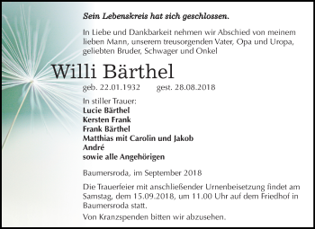 Traueranzeige von Willi Bärthel von Mitteldeutsche Zeitung