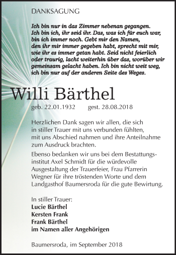 Traueranzeige von Willi Bärthel von Mitteldeutsche Zeitung