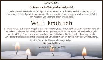 Traueranzeige von Willi Fröhlich von Wochenspiegel Mansfelder Land