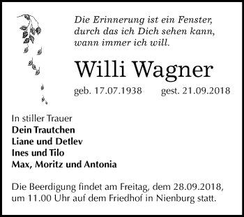 Traueranzeige von Willi Wagner von Mitteldeutsche Zeitung Bernburg