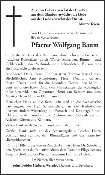 Traueranzeige von Wolfgang Baum von WVG - Wochenspiegel Wittenberg