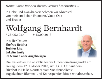 Traueranzeige von Wolfgang Bernhardt von Mitteldeutsche Zeitung Halle/Saalkreis