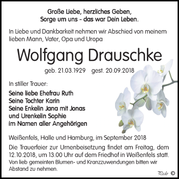 Traueranzeige von Wolfgang Drauschke von Mitteldeutsche Zeitung Weißenfels