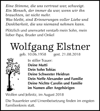 Traueranzeige von Wolfgang Elstner von Mitteldeutsche Zeitung Bitterfeld