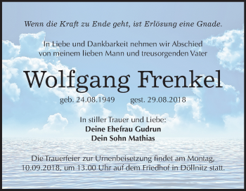Traueranzeige von Wolfgang Frenkel von Mitteldeutsche Zeitung Halle/Saalkreis