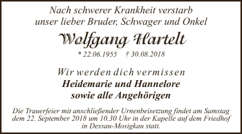 Traueranzeige von Wolfgang Hartelt von WVG - Wochenspiegel Dessau / Köthen