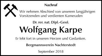 Traueranzeige von Wolfgang Karpe von Mitteldeutsche Zeitung Aschersleben