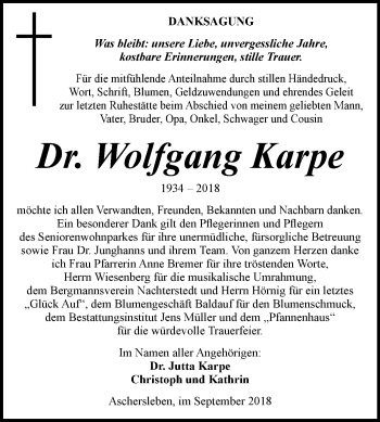 Traueranzeige von Wolfgang Karpe von Mitteldeutsche Zeitung