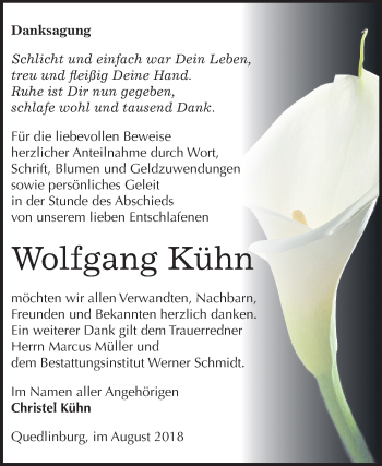 Traueranzeige von Wolfgang Kühn von Mitteldeutsche Zeitung Quedlinburg