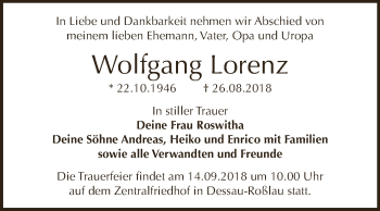 Traueranzeige von Wolfgang Lorenz von WVG - Wochenspiegel Dessau / Köthen