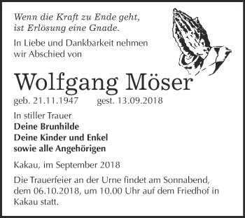 Traueranzeige von Wolfgang Möser von WVG - Wochenspiegel Wittenberg