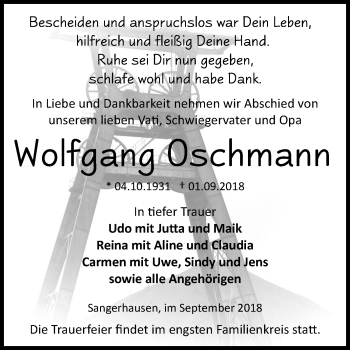 Traueranzeige von Wolfgang Oschmann von Mitteldeutsche Zeitung