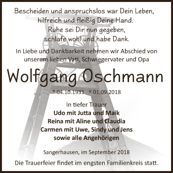 Traueranzeige von Wolfgang Oschmann von Super Sonntag SGH Mansf. Land