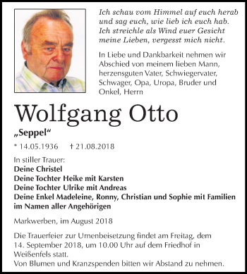 Traueranzeige von Wolfgang Otto von Mitteldeutsche Zeitung Weißenfels