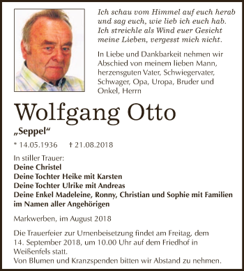 Traueranzeige von Wolfgang Otto von WVG - Wochenspiegel NMB / WSF / ZTZ
