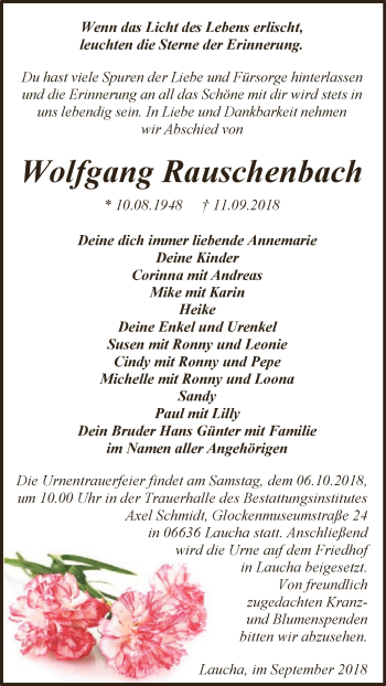 Traueranzeige von Wolfgang Rauschenbach von WVG - Wochenspiegel NMB / WSF / ZTZ