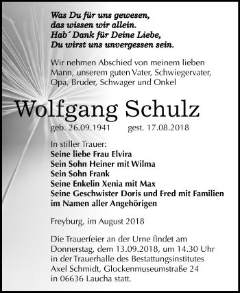 Traueranzeige von Wolfgang Schulz von Mitteldeutsche Zeitung