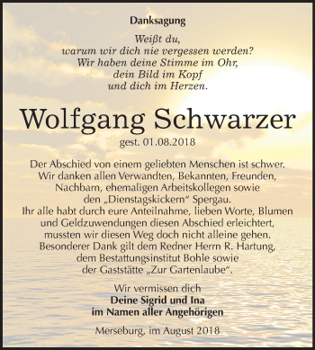 Traueranzeige von Wolfgang Schwarzer von Mitteldeutsche Zeitung Merseburg/Querfurt