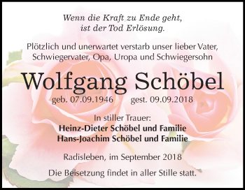 Traueranzeige von Wolfgang Schöbel von Mitteldeutsche Zeitung Quedlinburg