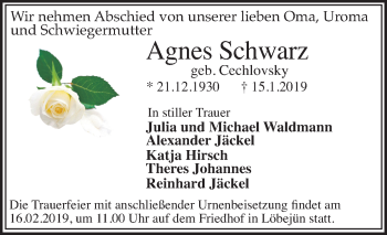 Traueranzeige von Agnes Schwarz von Mitteldeutsche Zeitung Halle/Saalkreis