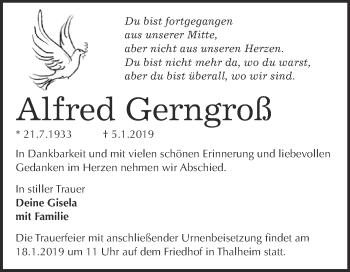 Traueranzeige von Alfred Gerngroß von WVG - Wochenspiegel Bitterfeld