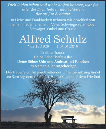 Traueranzeige von Alfred Schulz von WVG - Wochenspiegel Bitterfeld