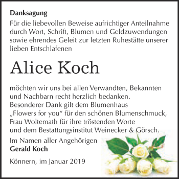 Traueranzeige von Alice Koch von Super Sonntag Bernburg