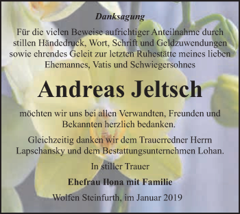 Traueranzeige von Andreas Jeltsch von WVG - Wochenspiegel Bitterfeld