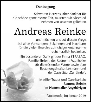Traueranzeige von Andreas Reinke von WVG - Wochenspiegel Wittenberg