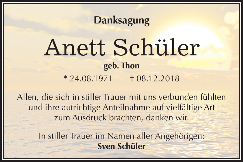  Traueranzeige für Anett Schüler vom 19.01.2019 aus Mitteldeutsche Zeitung Halle/Saalkreis