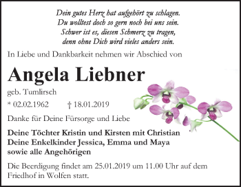 Traueranzeige von Angela Liebner von Mitteldeutsche Zeitung Bitterfeld