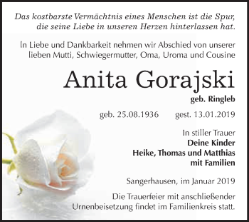 Traueranzeige von Anita Gorajski von Super Sonntag SGH Mansf. Land