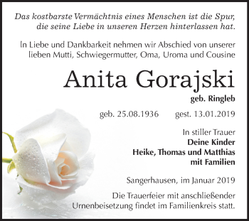 Traueranzeige von Anita Gorajski von Mitteldeutsche Zeitung Sangerhausen
