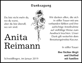 Traueranzeige von Anita Reimann von Super Sonntag Aschersleben