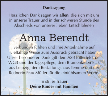 Traueranzeige von Anna Berendt von Mitteldeutsche Zeitung Bitterfeld