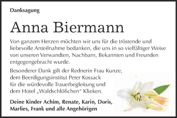 Traueranzeige von Anna Biermann von WVG - Wochenspiegel Dessau / Köthen