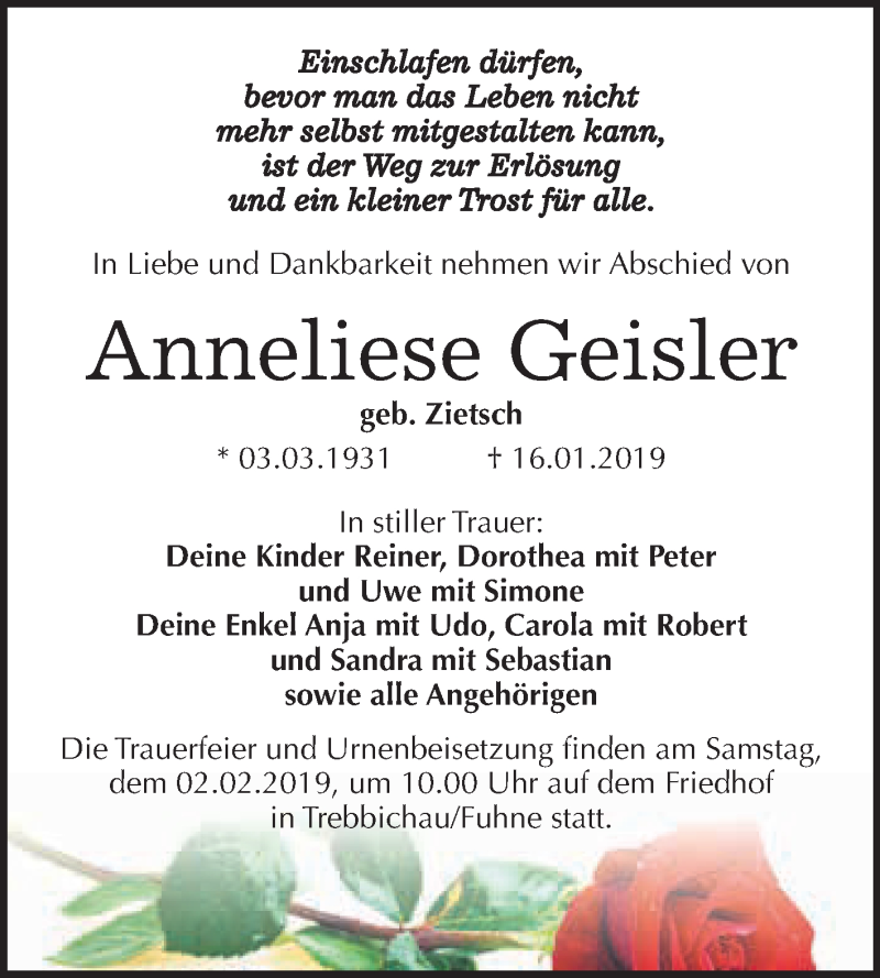  Traueranzeige für Anneliese Geisler vom 26.01.2019 aus WVG - Wochenspiegel Dessau / Köthen