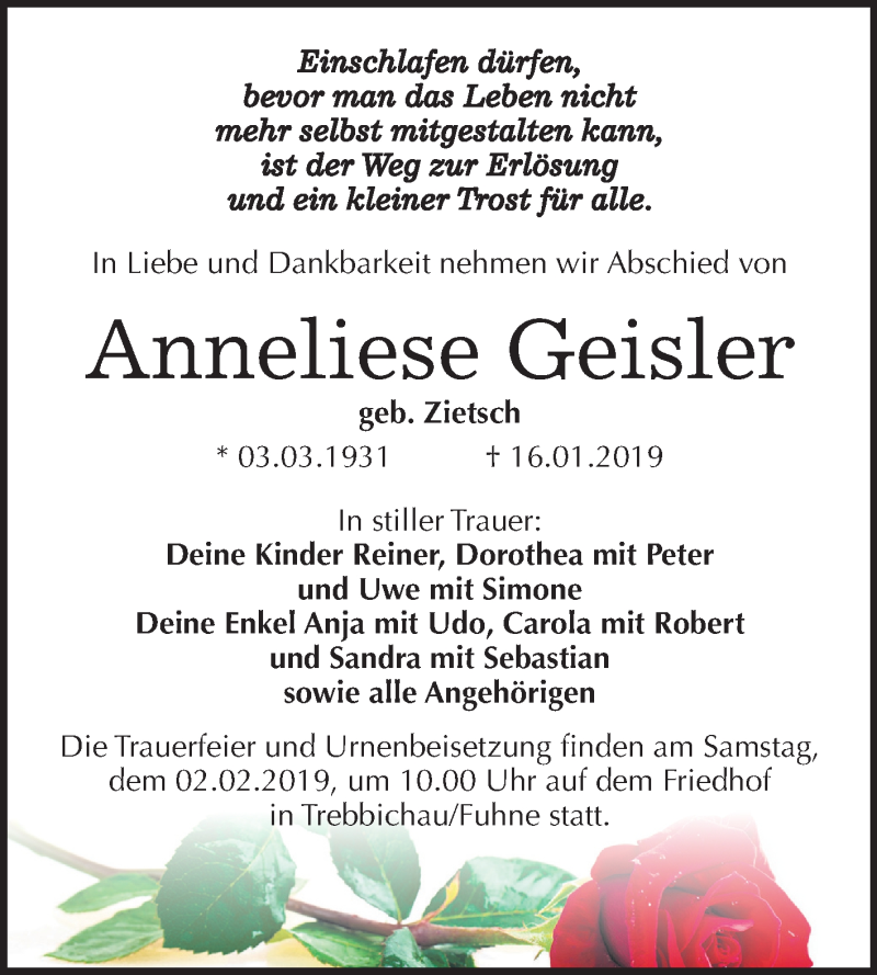  Traueranzeige für Anneliese Geisler vom 26.01.2019 aus Mitteldeutsche Zeitung Köthen