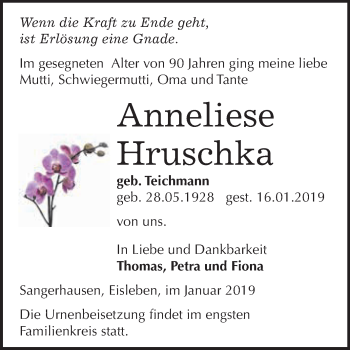 Traueranzeige von Anneliese Hruschka von Super Sonntag SGH Mansf. Land