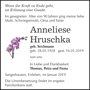 Traueranzeige von Anneliese Hruschka von Mitteldeutsche Zeitung Sangerhausen