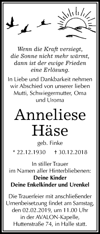 Traueranzeige von Anneliese Häse von Mitteldeutsche Zeitung Halle/Saalkreis