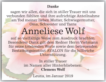 Traueranzeige von Anneliese Wolf von Mitteldeutsche Zeitung Merseburg/Querfurt