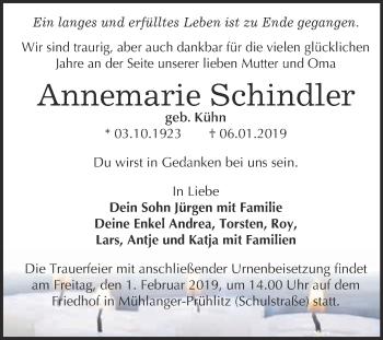 Traueranzeige von Annemarie Schindler von WVG - Wochenspiegel Wittenberg