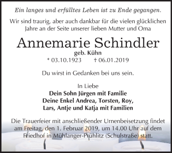 Traueranzeige von Annemarie Schindler von Mitteldeutsche Zeitung