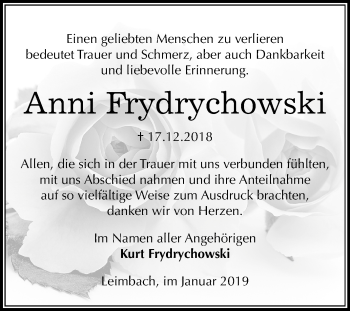 Traueranzeige von Anni Frydrychowski von Mitteldeutsche Zeitung