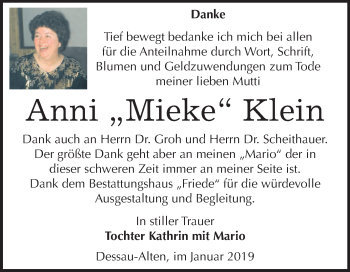 Traueranzeige von Anni Klein von Mitteldeutsche Zeitung